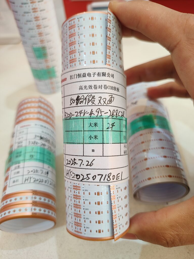 High-efficacy COB flex PCB produced by Roll-to-Roll process, 320 LEDs/m, 24V, 50oz faux double-sided copper.
