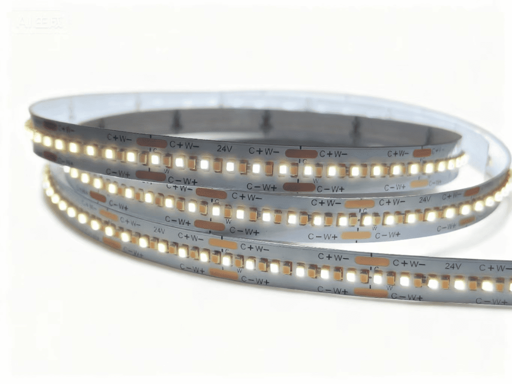 Bare CCT tunable LED strip PCB (8mm wide), 480 LEDs/m, 24V, Model HY-24V-480D-XXM+XXM-08-R90-2P8.