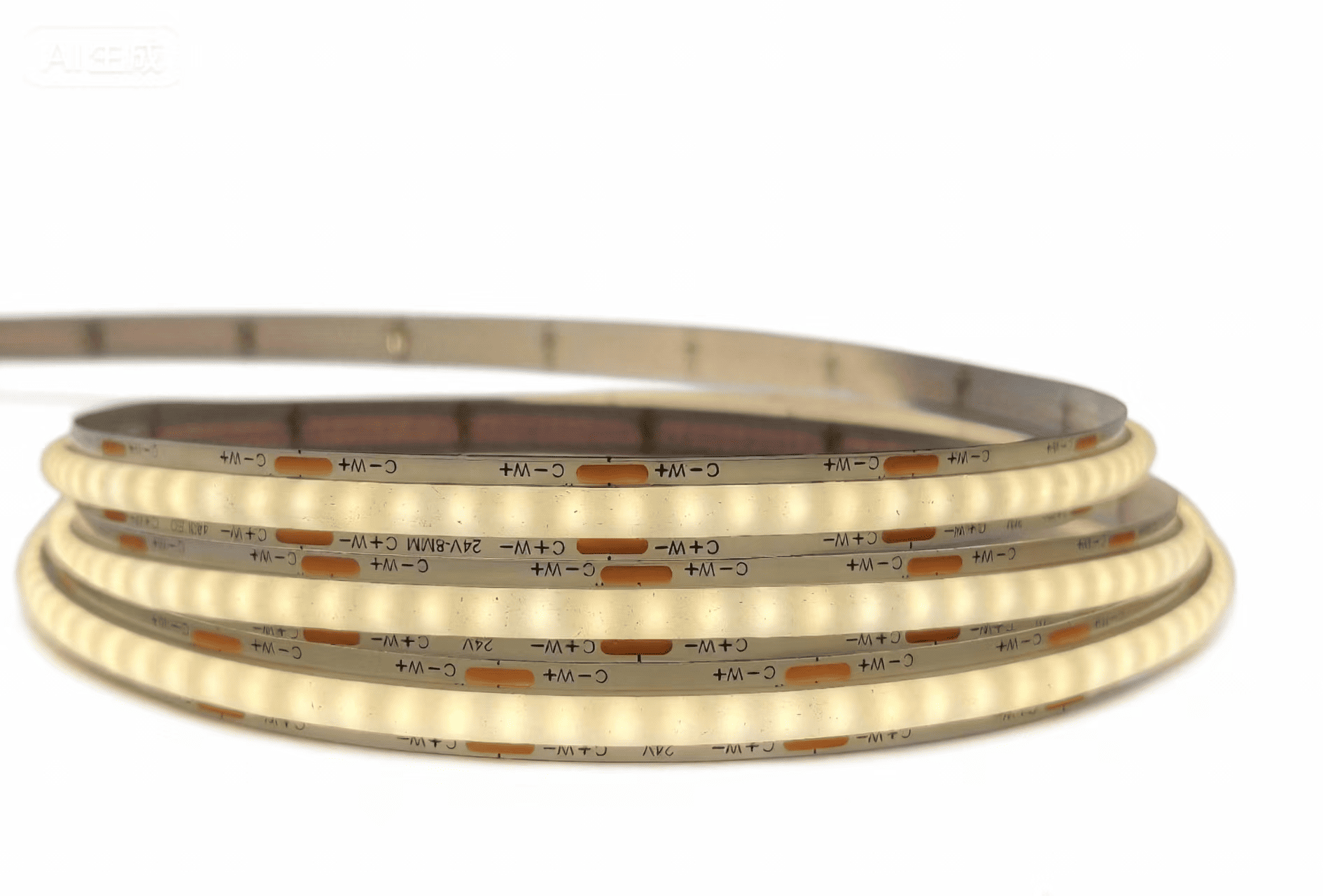 Ultra-slim 8mm SCOB CCT tunable LED strip with 480 diodes/m, R90 CRI, and 50oz copper reinforced membrane board.