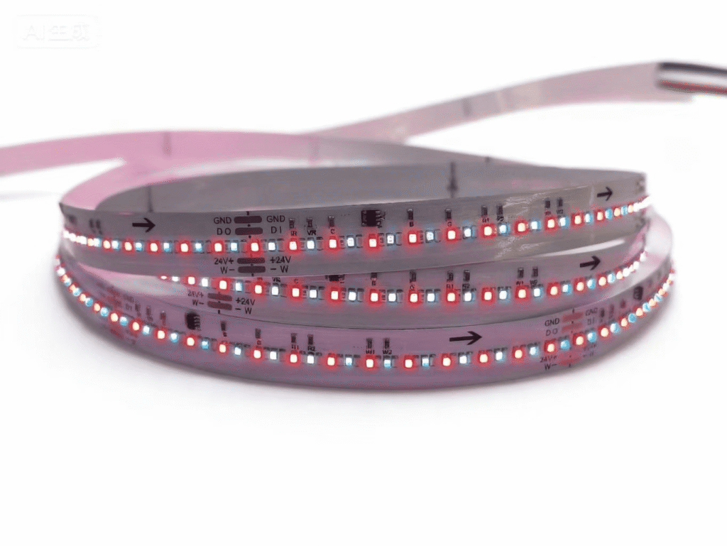 Addressable RGBW bare LED strip PCB for dynamic, pixel-controlled lighting effects and integrated white light.