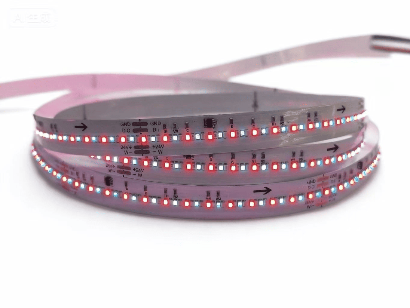 Addressable RGBW bare LED strip PCB for dynamic, pixel-controlled lighting effects and integrated white light.