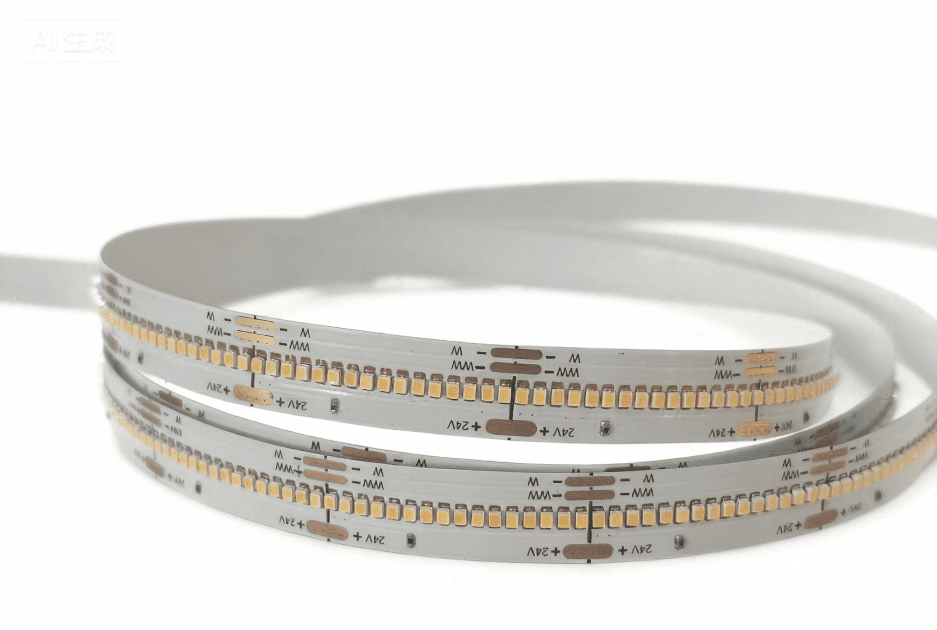 Bare CCT tunable LED strip PCB (10mm wide) with 576 LEDs/m, Model HY-24V-576D-XXM+XXM-10-R90-2P10