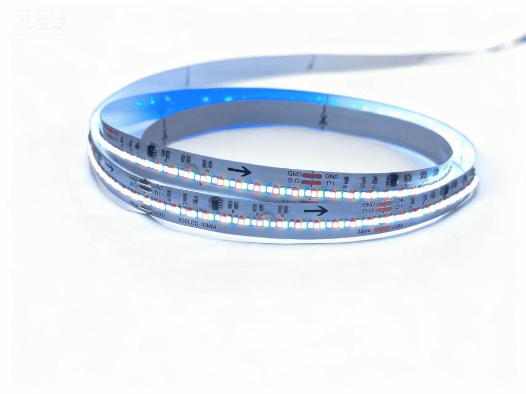 Ultra-high density 630 diodes/m addressable RGB LED strip bare PCB with integrated IC control on 10mm board.