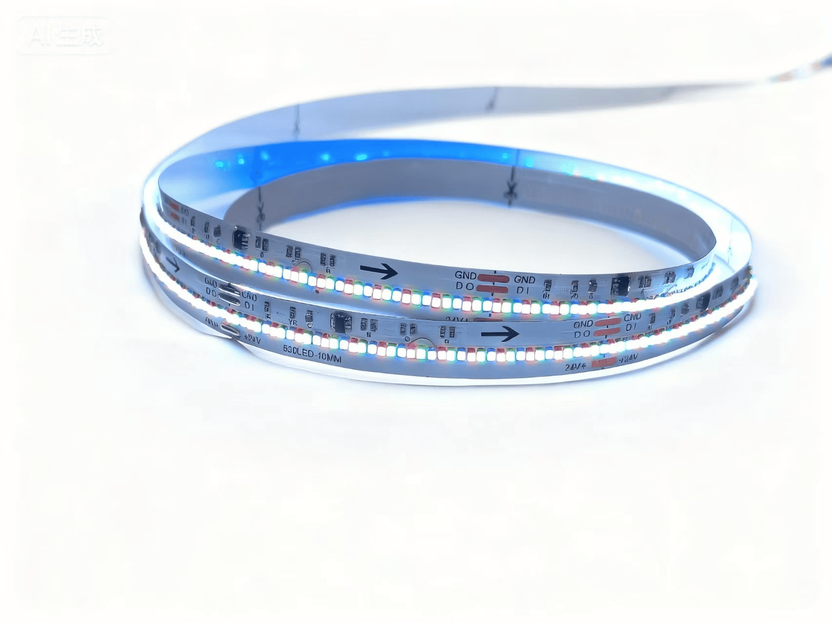 Ultra-high density 630 diodes/m addressable RGB LED strip bare PCB with integrated IC control on 10mm board.