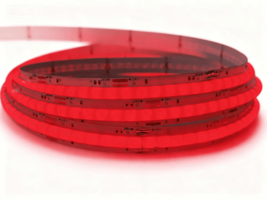 High-density 630 diodes/m SCOB RGB LED strip on 10mm board, four-wire control, featuring 3560 electroplated PCB.