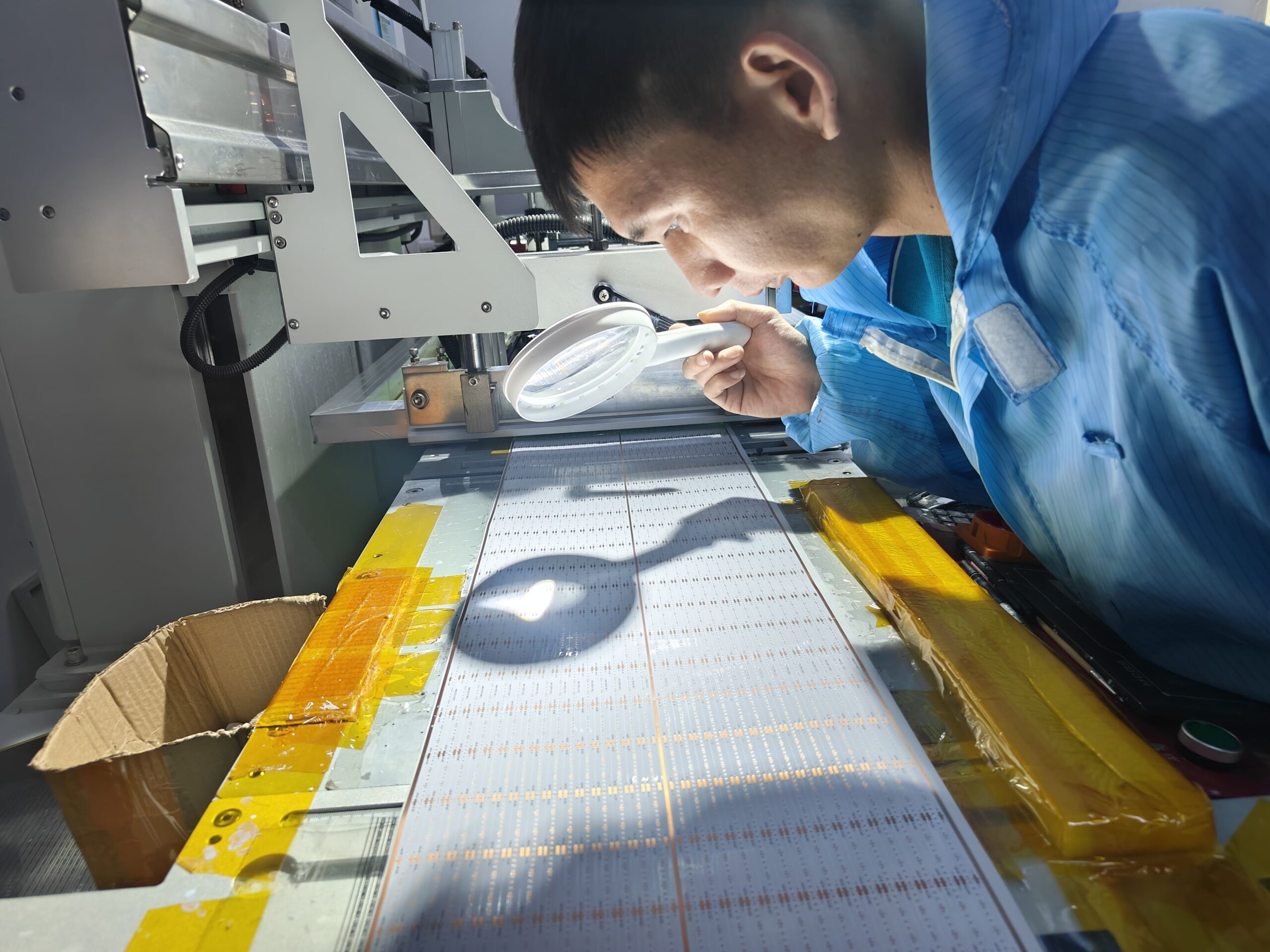 Detailed quality control process: worker using a magnifier to manually inspect LED strip components for micron-level precision.